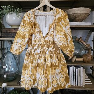 Cleobella Aubrey Mini Dress Watercolor Ikat Golden Yellow Ivory | Size L | NWT